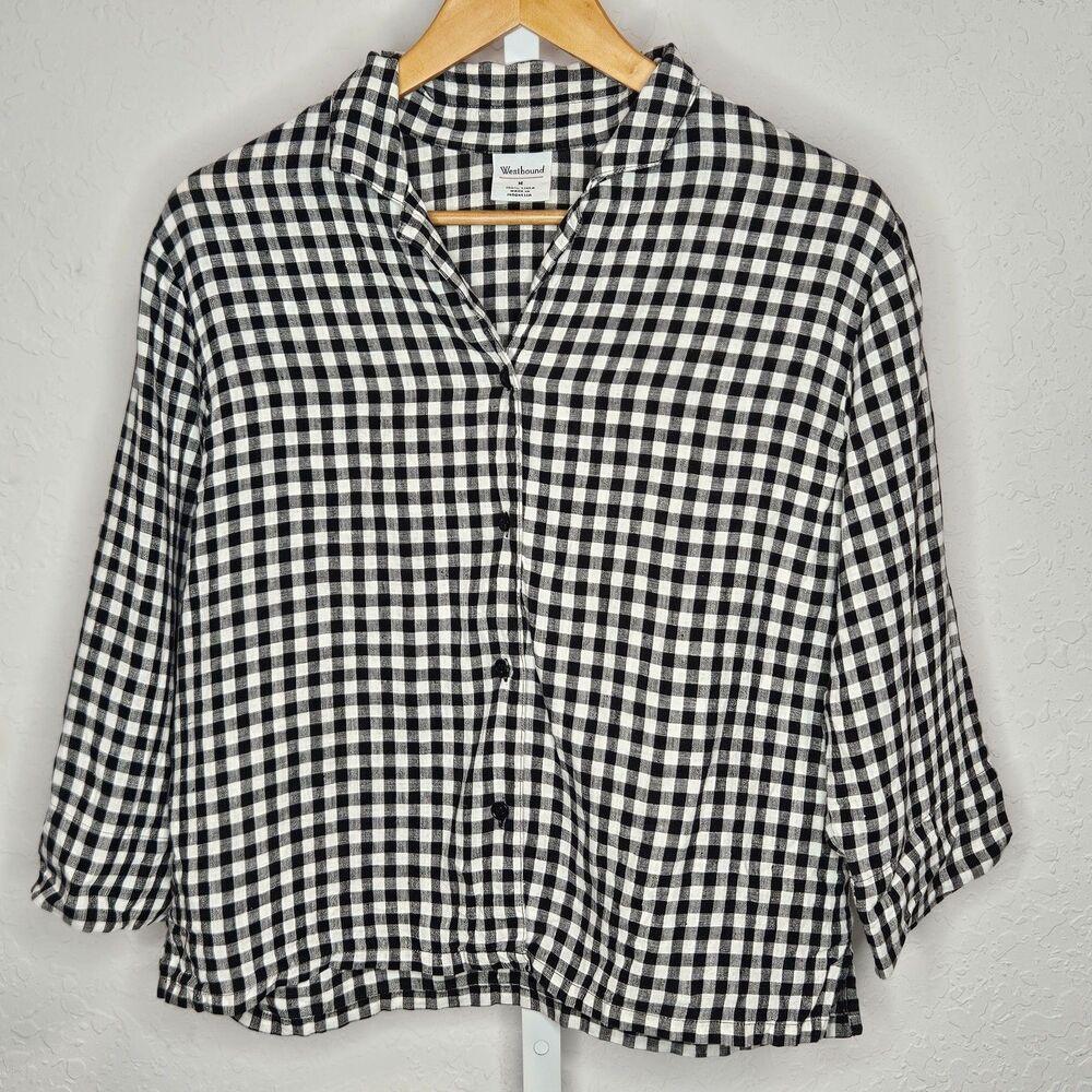 Westbound Black White Gingham 100% Linen 3/4 Sleeve Button Up‎ Shirt Medium